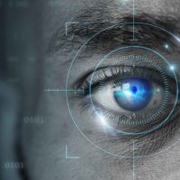 Retinal biometrics technology with man’s eye digital remix